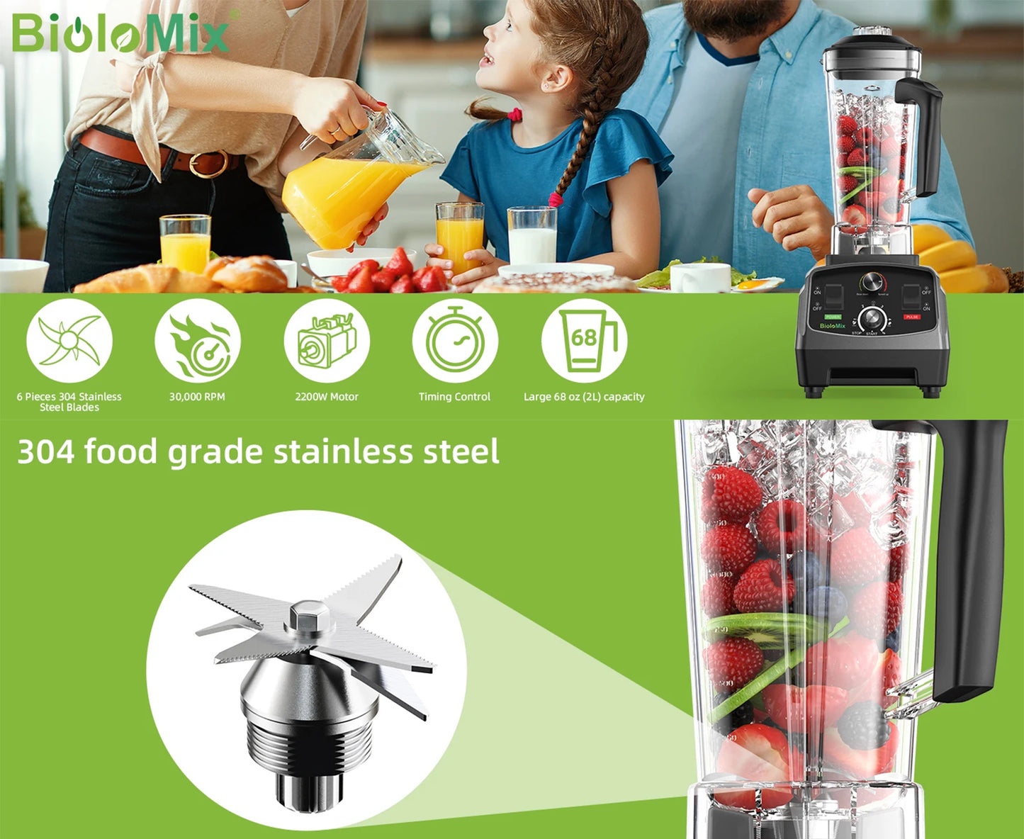 2200W Countertop Blender for Smoothies & Food Prep | BPA-Free 2L Jar, Timer, 6 Blades, Ice Crusher | Powerful Home Mixer with Safety Features