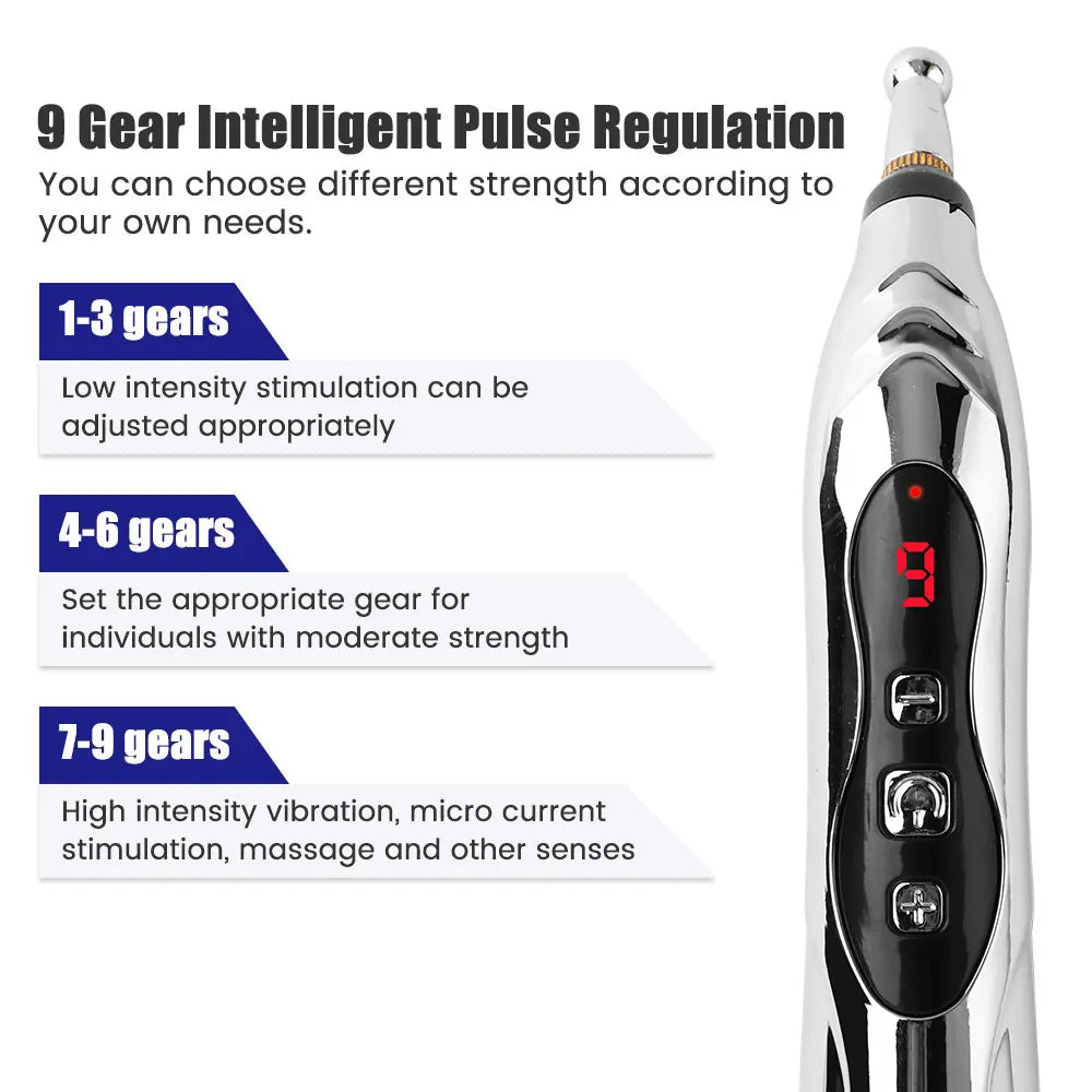 Electronic Acupuncture Pen | Needle-Free Pain Relief & Meridian Therapy | 5 Interchangeable Heads, 9 Intensity Levels, USB-C Rechargeable
