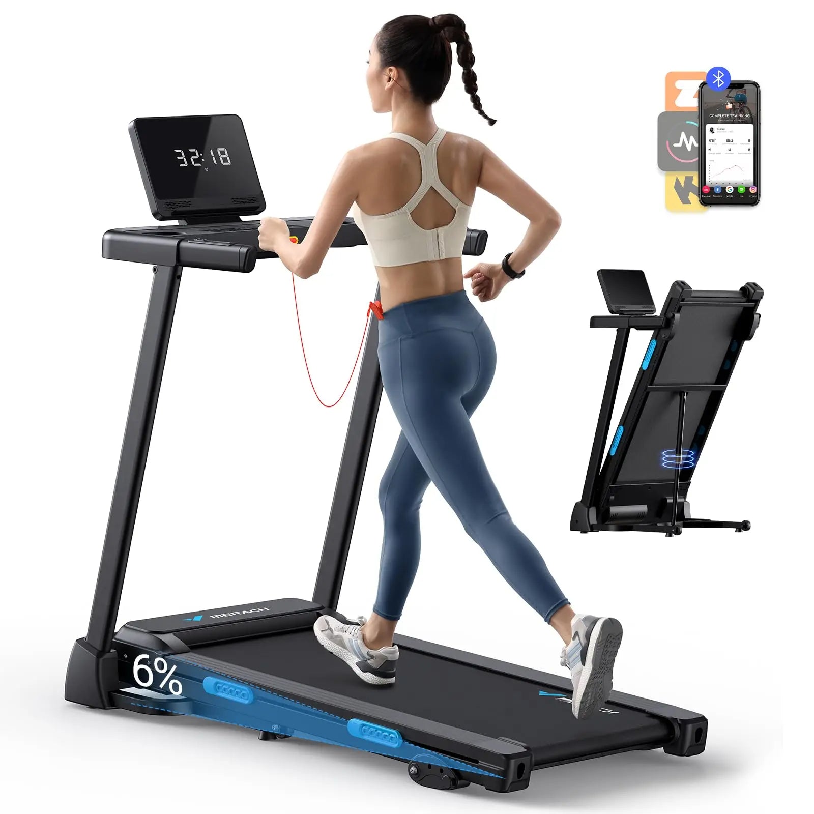 Foldable Treadmill | Incline Quiet Running Machine with Heart Rate Monitoring, Double Deck Tech, 4 Shock Cushions, Wide Belt, APP Connected | 7.5MPH | Compact Home Gym T12B1