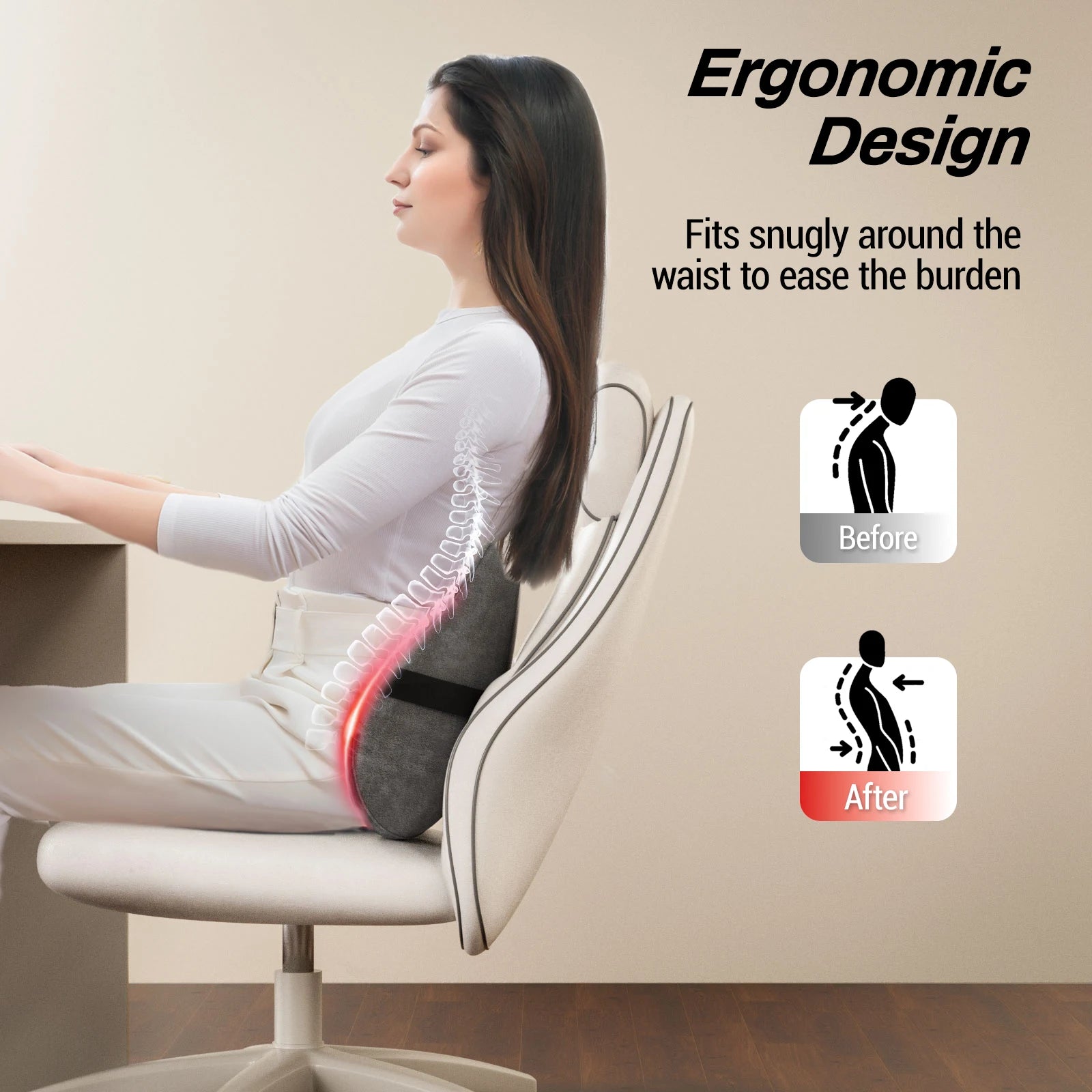 Lumbar Support Pillow | Heated Memory Foam Back Support with 4 Shiatsu Massage Heads for Office Chair, Car, Bed or Sofa