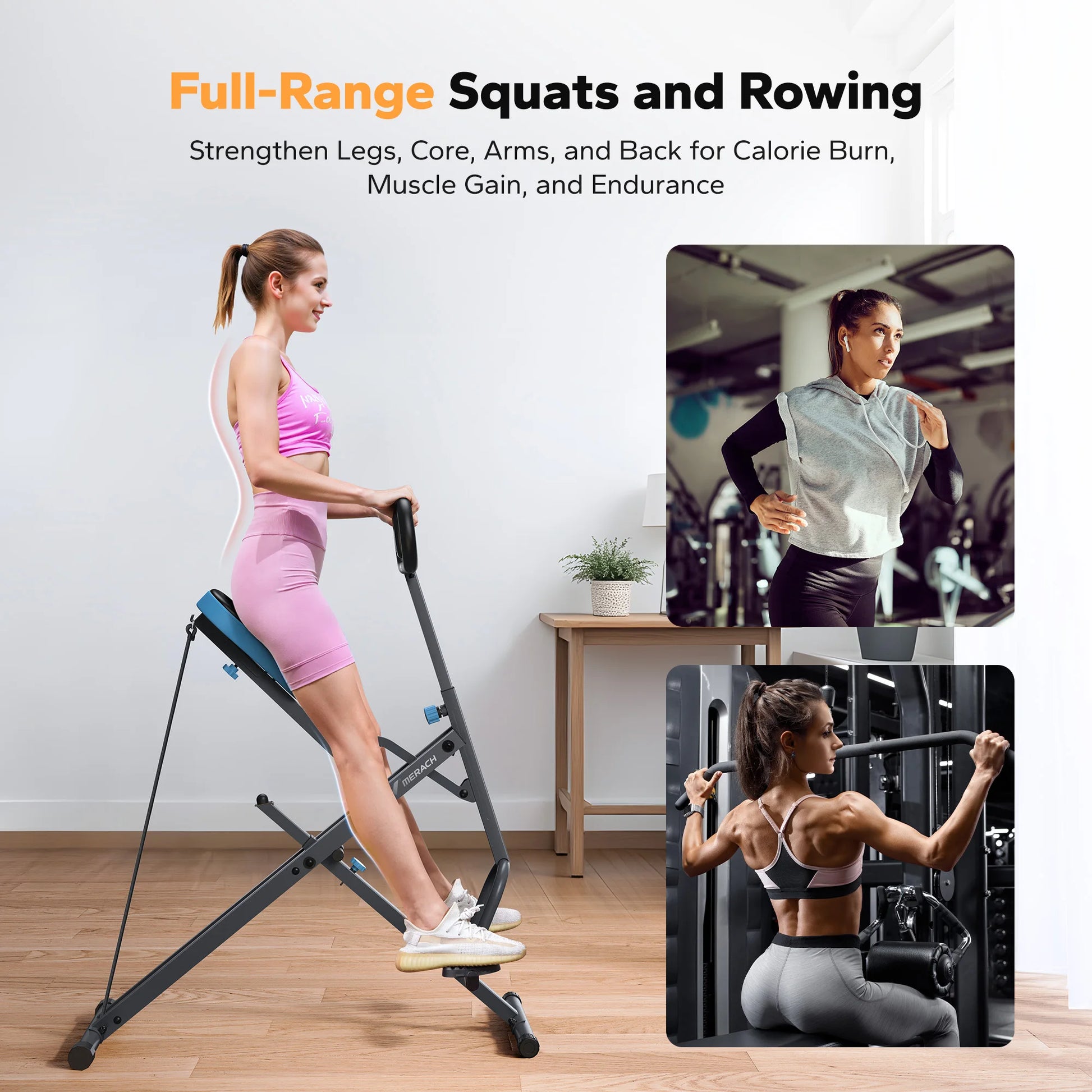2-in-1 Squat Rowing Machine | Foldable Glute & Leg Trainer with LCD Display & Adjustable Resistance | Compact Home Gym Equipment 350lbs Capacity