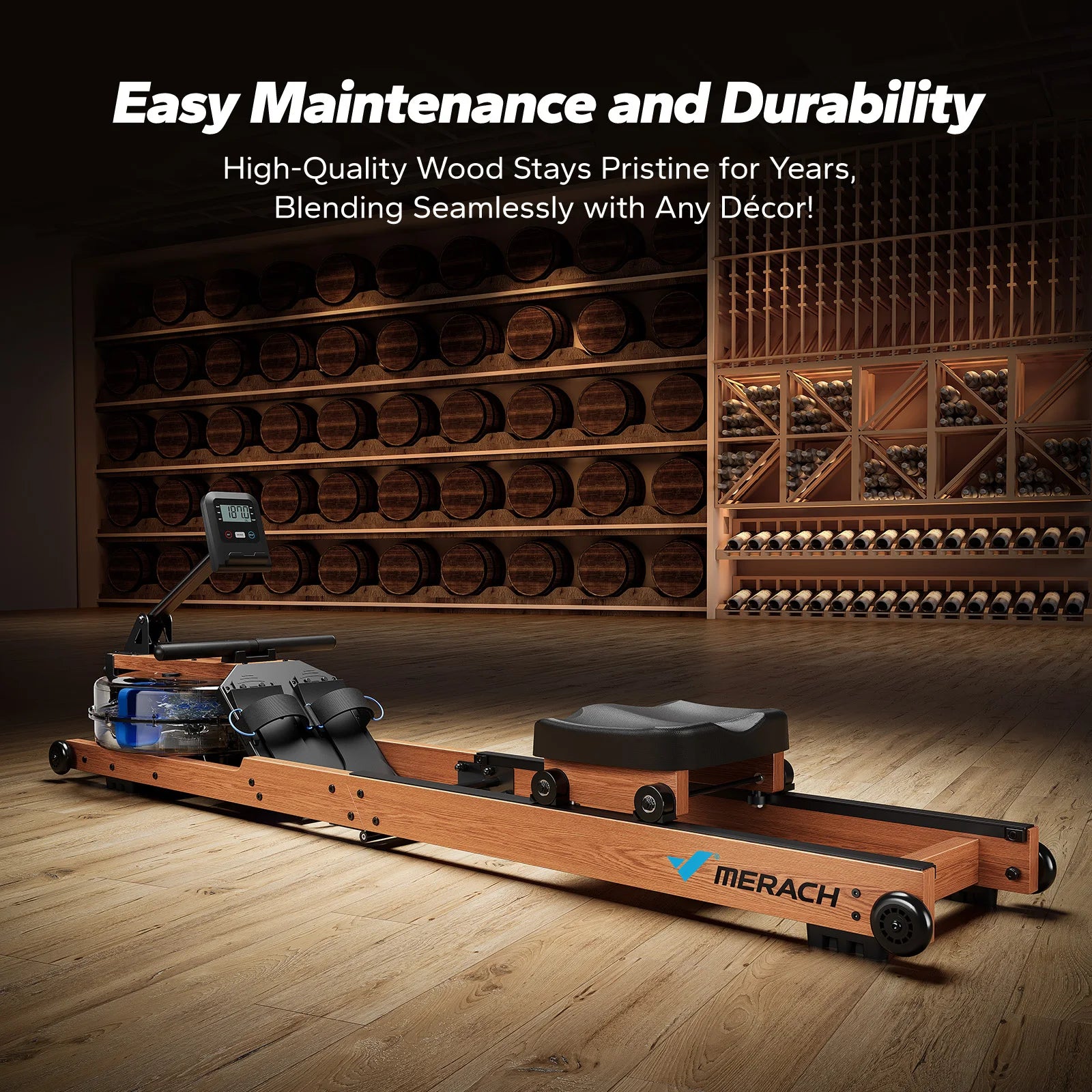 Water Rowing Machine | Foldable Solid Wood Row Machine, 400lbs Capacity, Leak-Proof Tank, Monitor & App Connected | Quiet Home Cardio Equipment