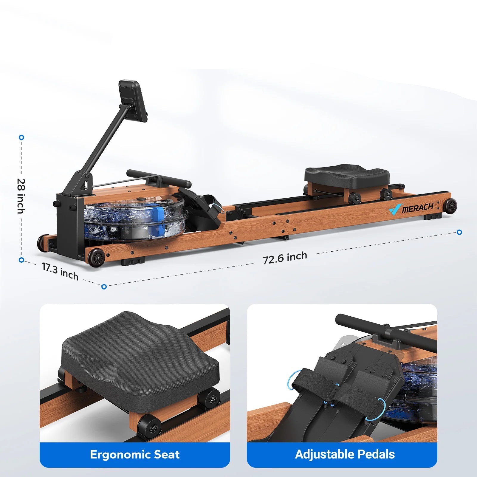 Water Rowing Machine | Foldable Solid Wood Row Machine, 400lbs Capacity, Leak-Proof Tank, Monitor & App Connected | Quiet Home Cardio Equipment