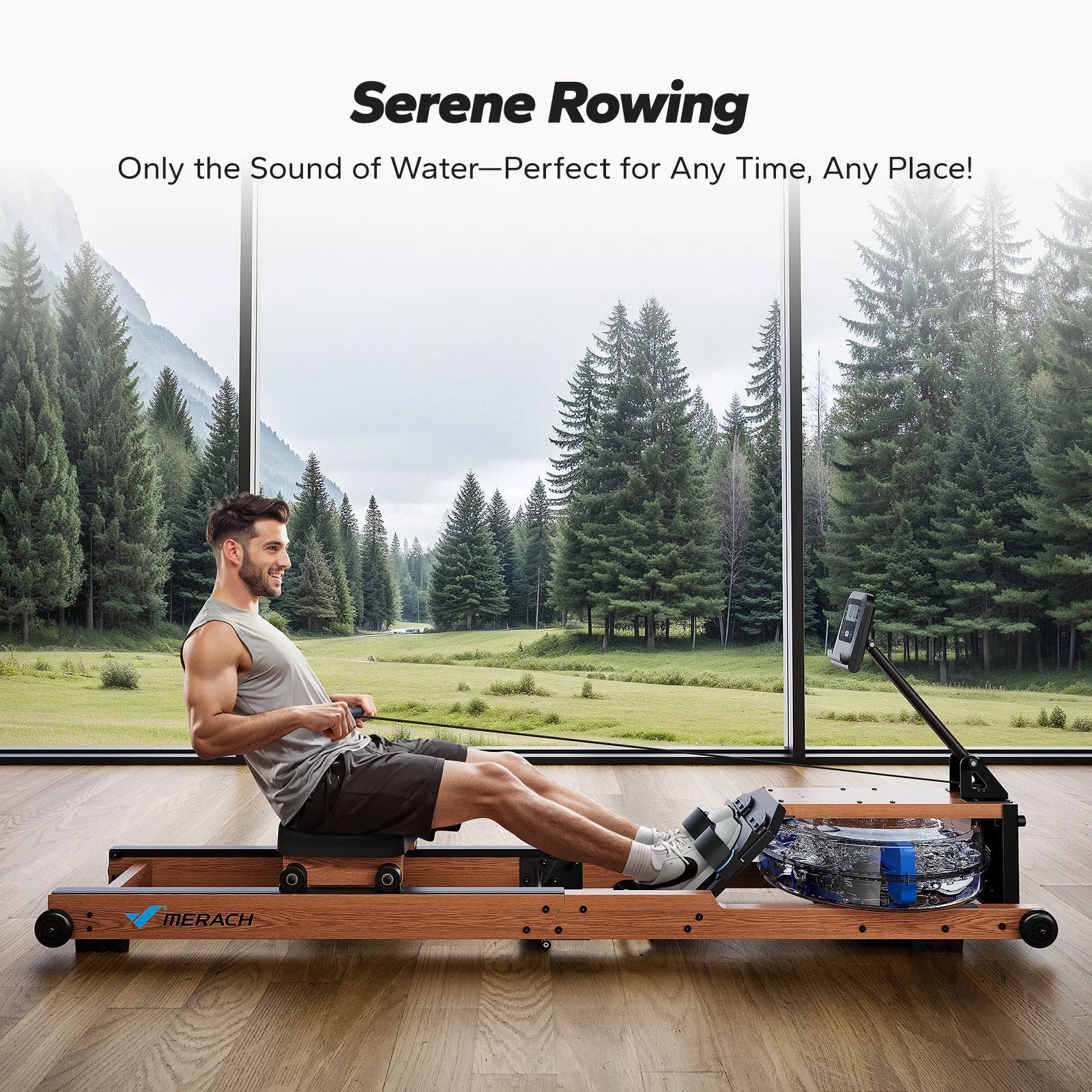 Water Rowing Machine | Foldable Solid Wood Row Machine, 400lbs Capacity, Leak-Proof Tank, Monitor & App Connected | Quiet Home Cardio Equipment