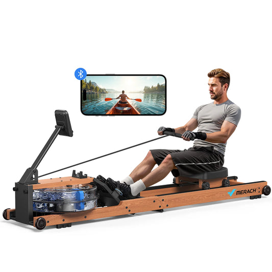 Water Rowing Machine | Foldable Solid Wood Row Machine, 400lbs Capacity, Leak-Proof Tank, Monitor & App Connected | Quiet Home Cardio Equipment