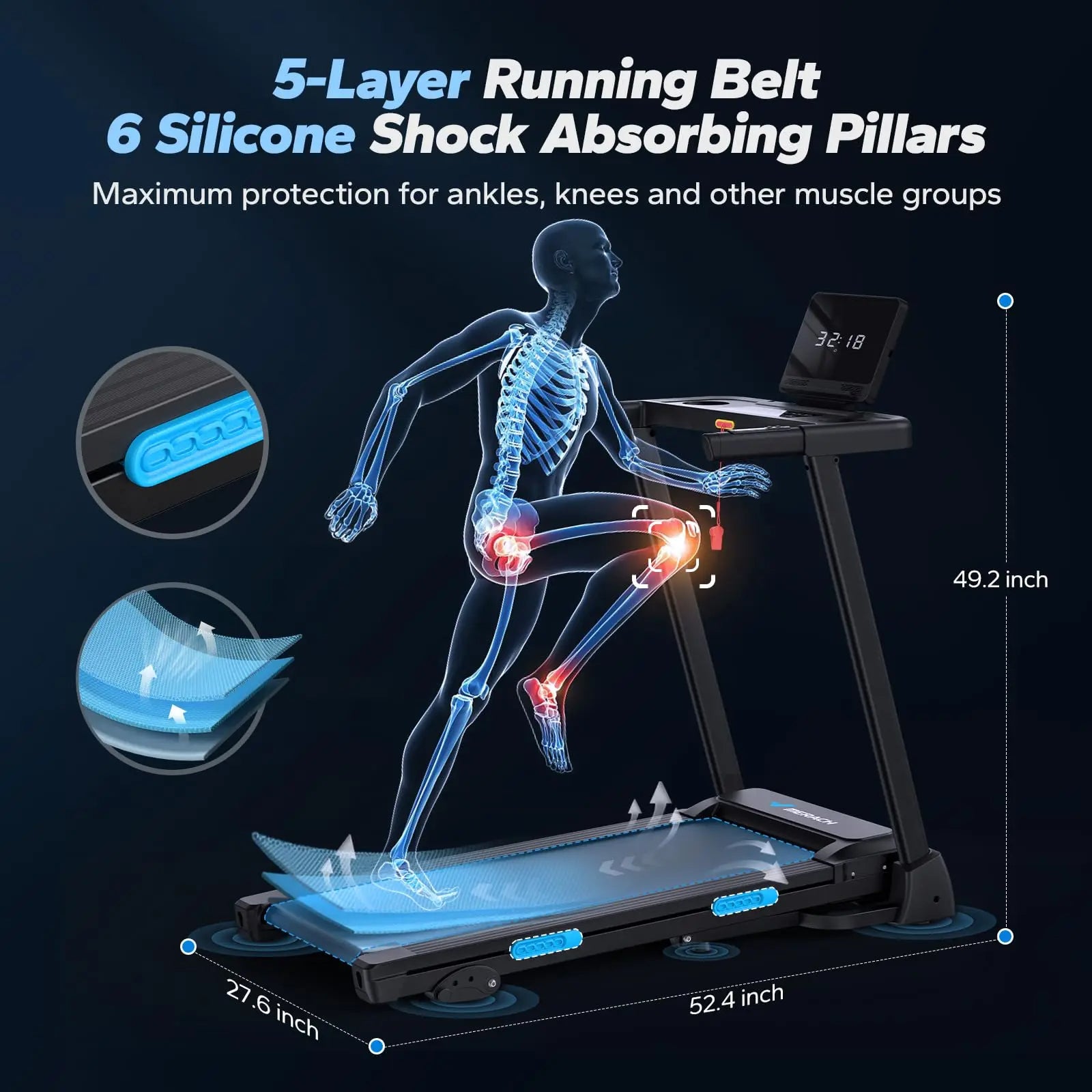 Foldable Treadmill | Incline Quiet Running Machine with Heart Rate Monitoring, Double Deck Tech, 4 Shock Cushions, Wide Belt, APP Connected | 7.5MPH | Compact Home Gym T12B1