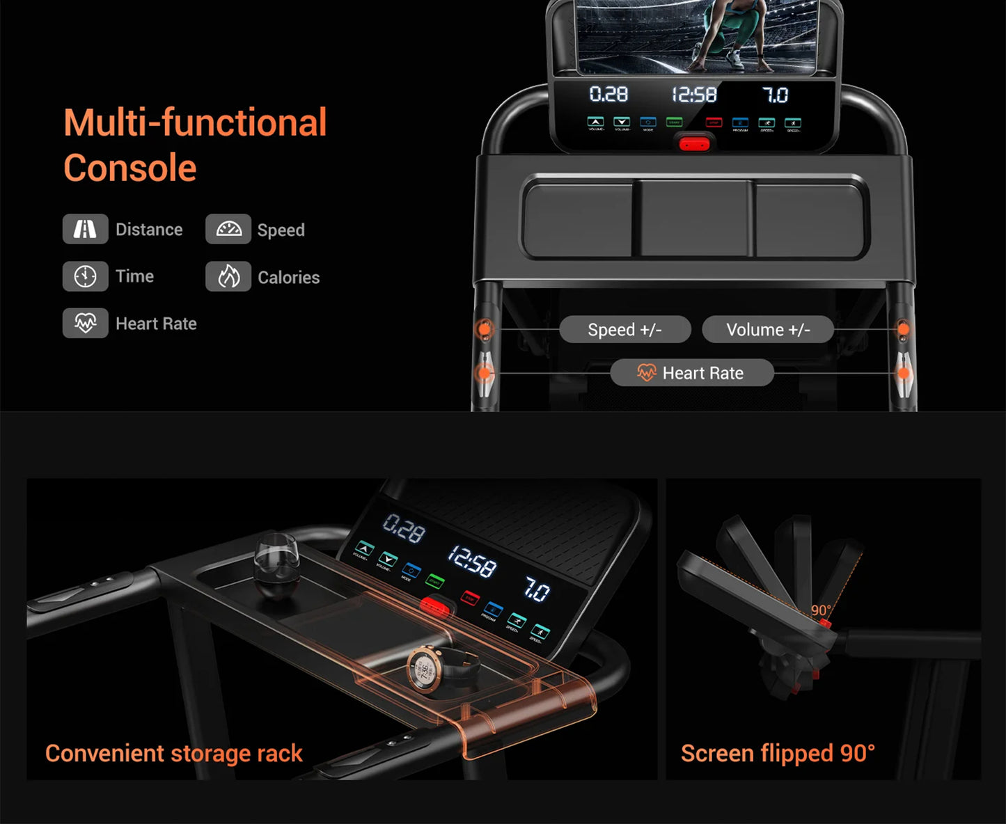 Foldable Treadmill with Smart Handrail & Shock Absorbing System 3.0 HP, Bluetooth & Heart Rate Monitor - 300LB Capacity