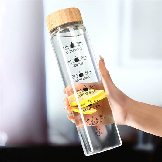 Glass Water Bottle with Time Markings | Eco-Friendly Borosilicate Glass & Bamboo Lid | Leakproof, BPA-Free, Pure Taste Hydration Bottle