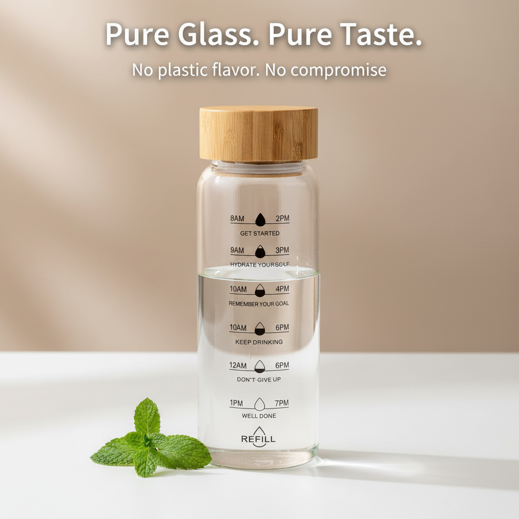 Glass Water Bottle with Time Markings | Eco-Friendly Borosilicate Glass & Bamboo Lid | Leakproof, BPA-Free, Pure Taste Hydration Bottle
