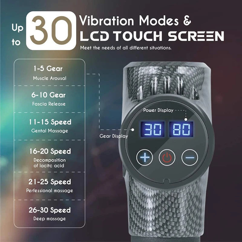 30-Speed Muscle Massage Gun | Deep Tissue Percussion Massager with 6 Heads, LCD Touchscreen & Quiet Motor | Pain Relief for Back, Neck, Legs