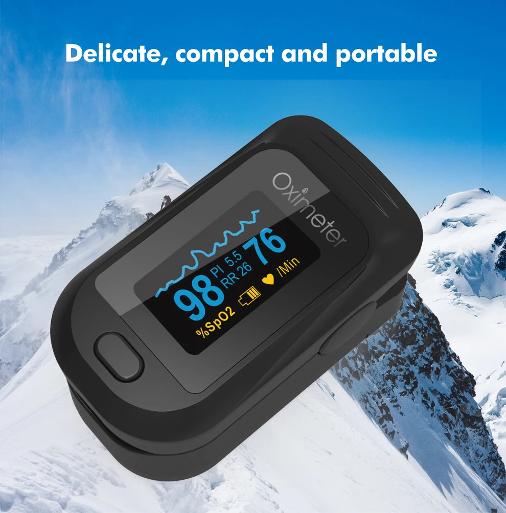Fingertip Pulse Oximeter | SpO2, Heart Rate, PI & RR Monitor | OLED Display | Portable Oxygen Saturation Meter | Blood Oxygen Monitor for Home Use