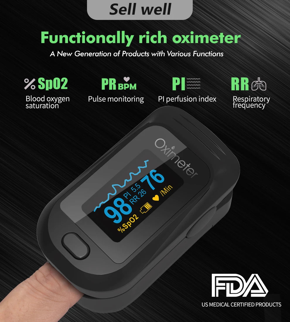 Fingertip Pulse Oximeter | SpO2, Heart Rate, PI & RR Monitor | OLED Display | Portable Oxygen Saturation Meter | Blood Oxygen Monitor for Home Use
