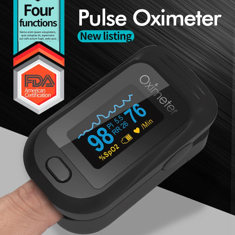 Fingertip Pulse Oximeter | SpO2, Heart Rate, PI & RR Monitor | OLED Display | Portable Oxygen Saturation Meter | Blood Oxygen Monitor for Home Use