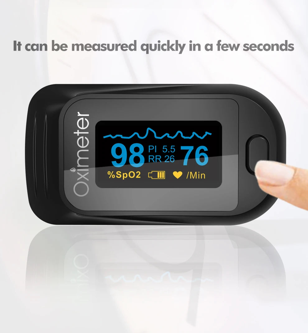 Fingertip Pulse Oximeter | SpO2, Heart Rate, PI & RR Monitor | OLED Display | Portable Oxygen Saturation Meter | Blood Oxygen Monitor for Home Use