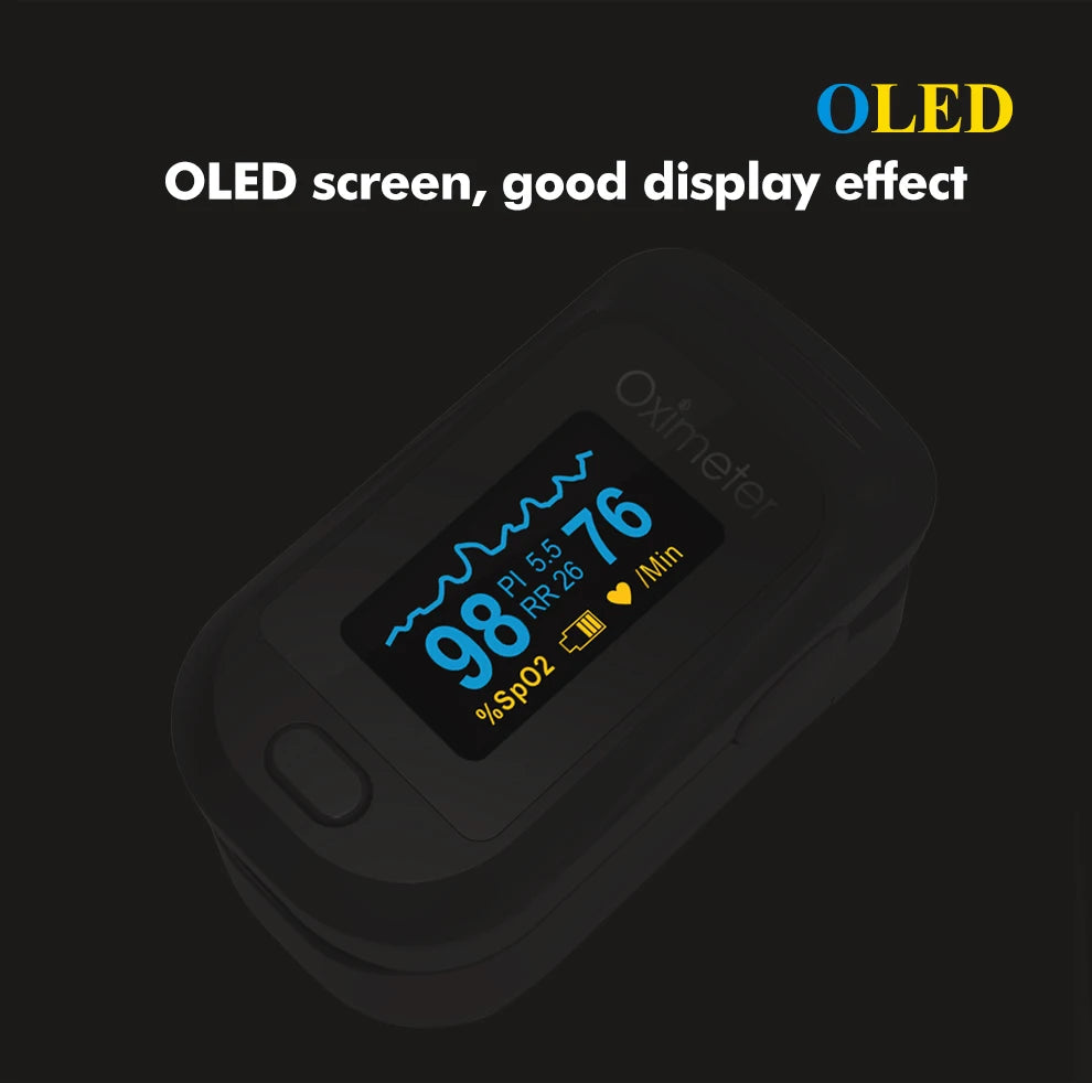 Fingertip Pulse Oximeter | SpO2, Heart Rate, PI & RR Monitor | OLED Display | Portable Oxygen Saturation Meter | Blood Oxygen Monitor for Home Use