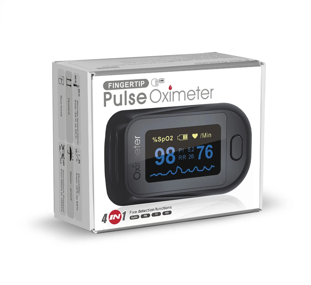 Fingertip Pulse Oximeter | SpO2, Heart Rate, PI & RR Monitor | OLED Display | Portable Oxygen Saturation Meter | Blood Oxygen Monitor for Home Use