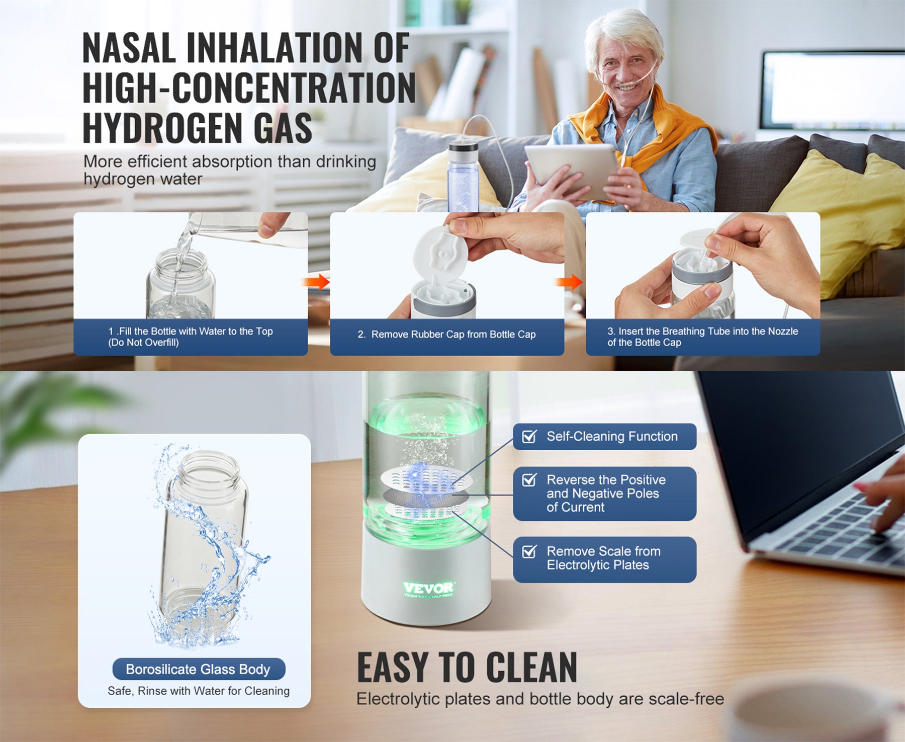 Hydrogen Water Bottle Generator | 380 ml Hydrogen-Rich Water Maker with Inhalation & Self-Cleaning | Portable Ionizer for Energy, Recovery & Daily Wellness
