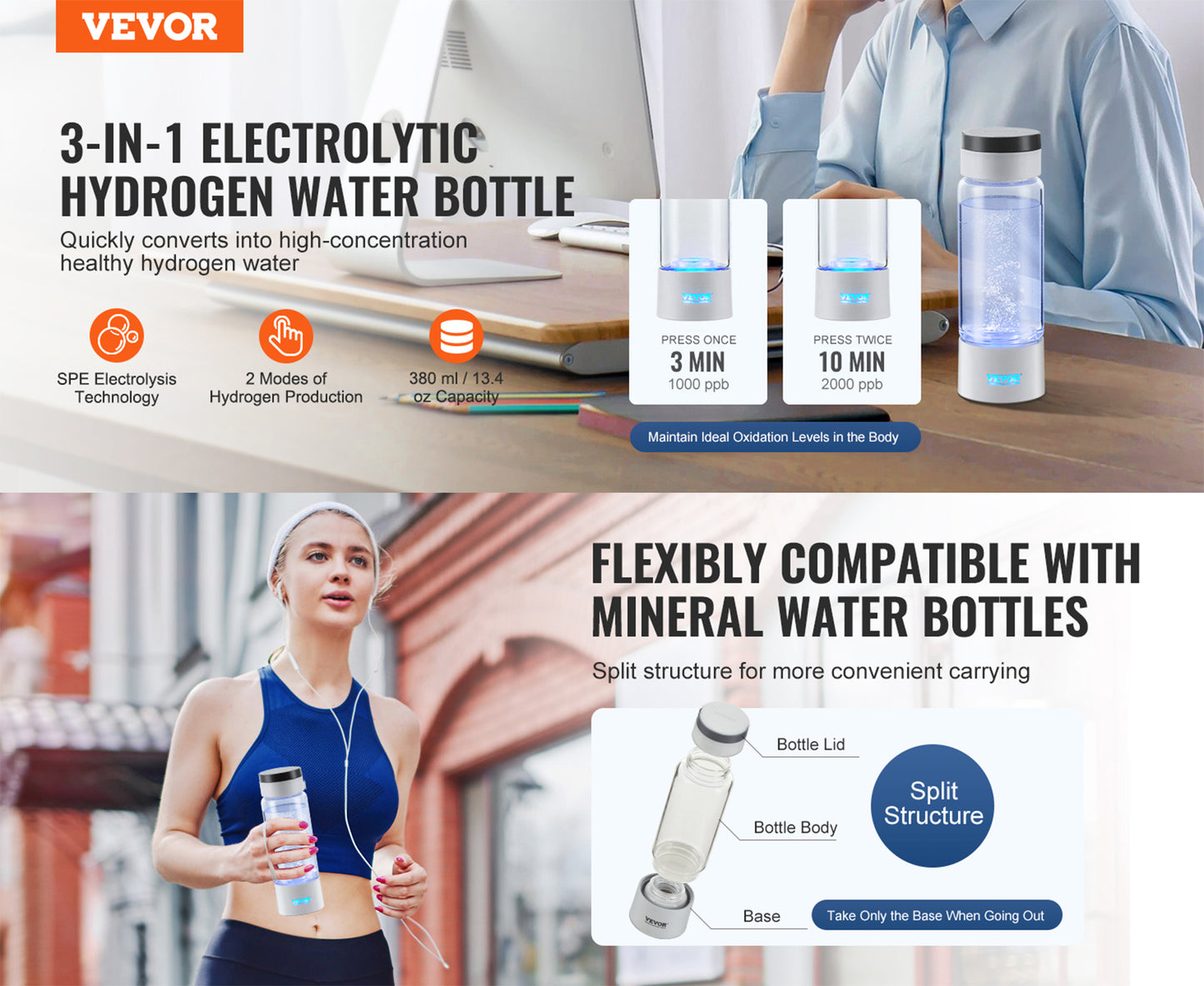 Hydrogen Water Bottle Generator | 380 ml Hydrogen-Rich Water Maker with Inhalation & Self-Cleaning | Portable Ionizer for Energy, Recovery & Daily Wellness