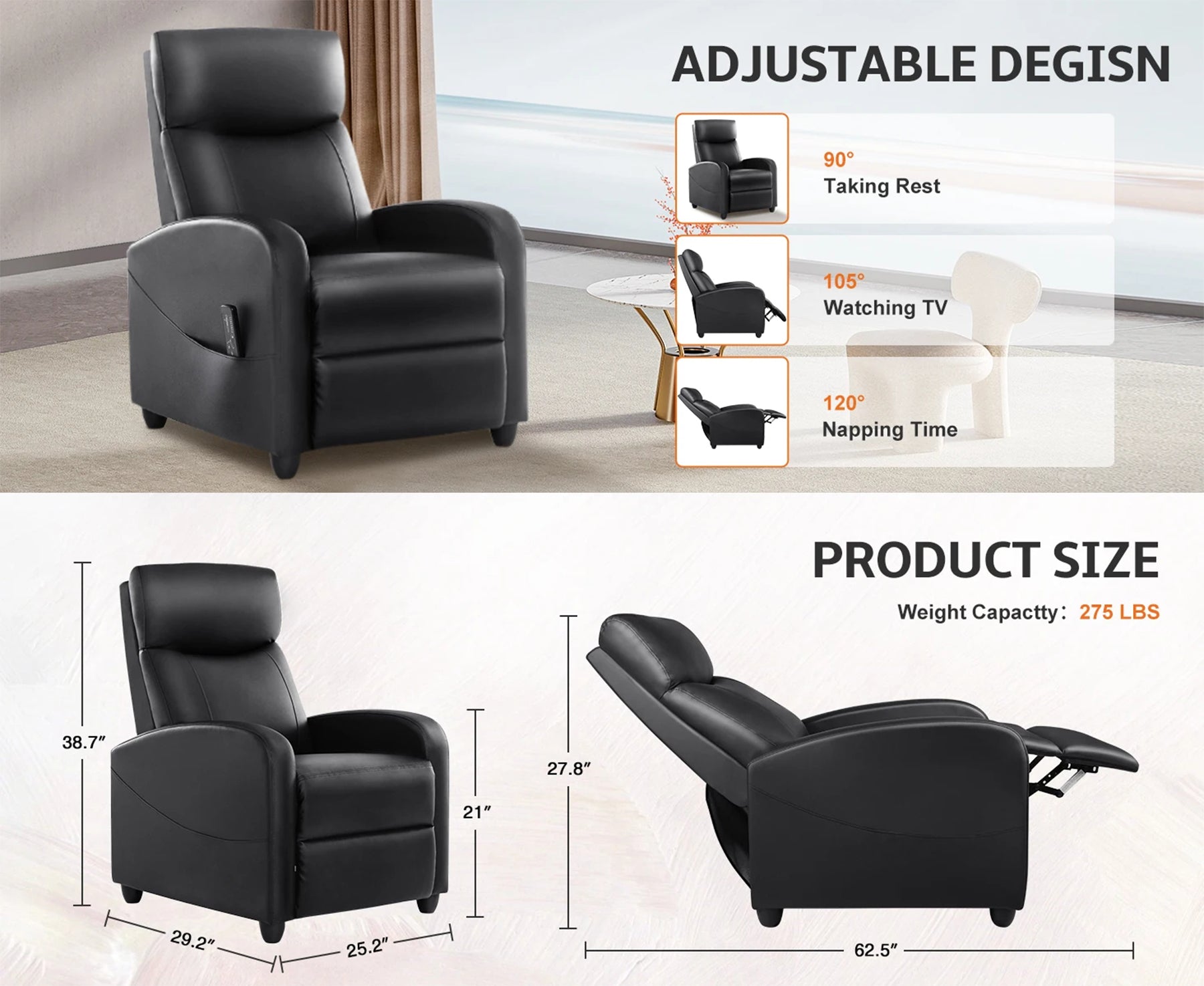 Recliner Massage Chair | Adjustable Fabric Sofa | Lumbar Support & Full Backrest | Modern Grey and Black
