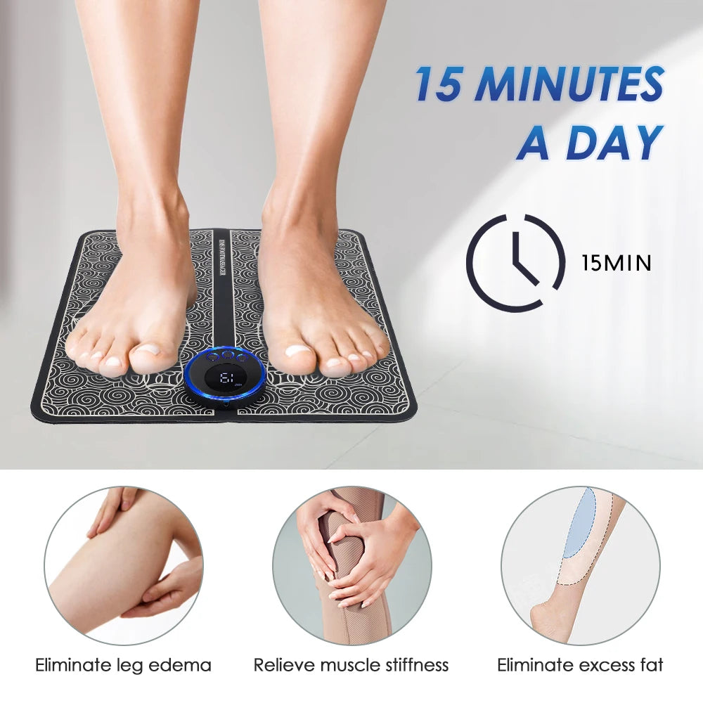 EMS Foot Massager Mat | USB Rechargeable | 8 Modes & 19 Intensities | Remote + Gel Pads for Arms/Back