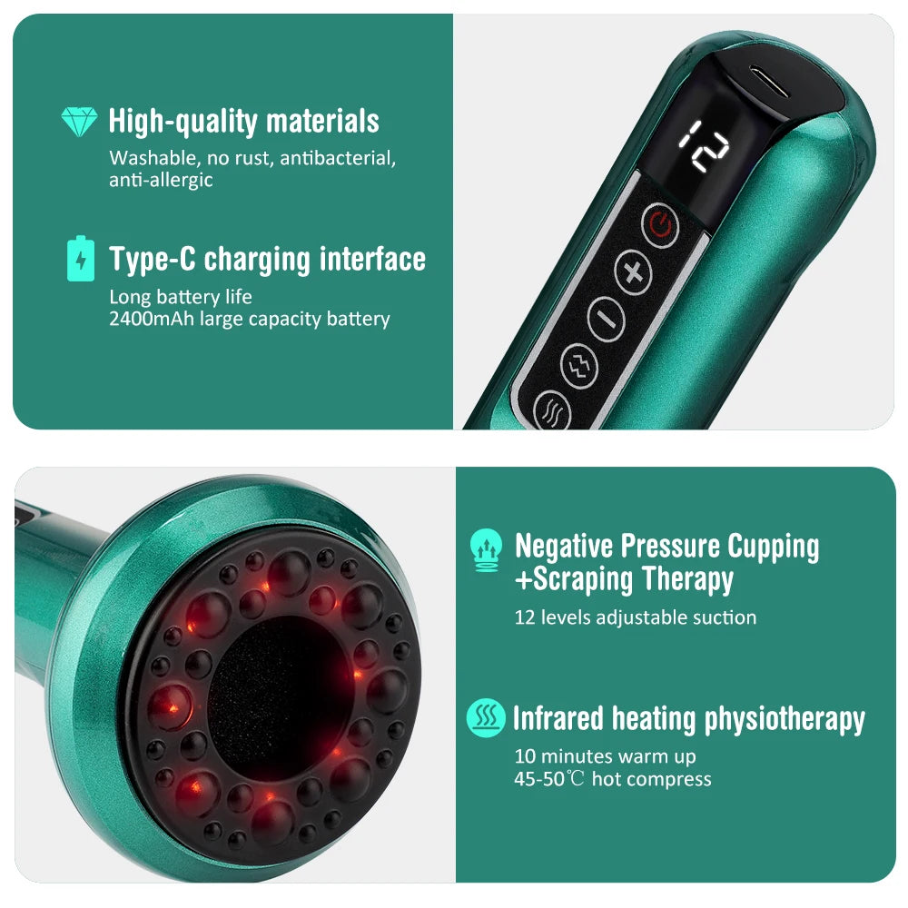 Electric Cupping Device – 12-Level Suction, 113–122 °F Infrared Heat, Massage & Scraping, USB-C Rechargeable, Wireless