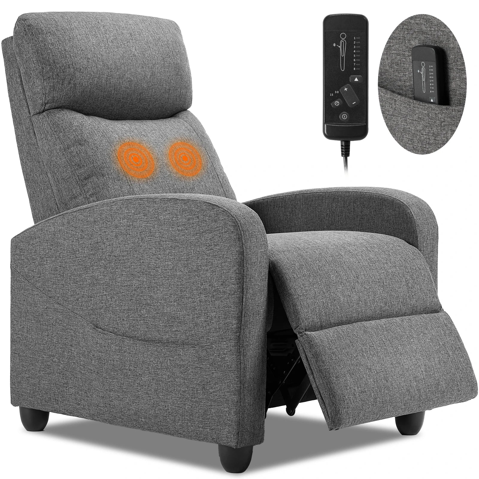 Recliner Massage Chair | Adjustable Fabric Sofa | Lumbar Support & Full Backrest | Modern Grey and Black Gray