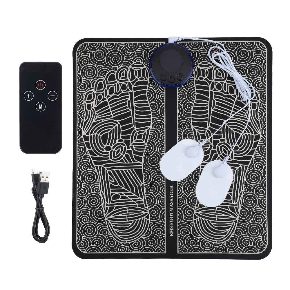 EMS Foot Massager Mat | USB Rechargeable | 8 Modes & 19 Intensities | Remote + Gel Pads for Arms/Back