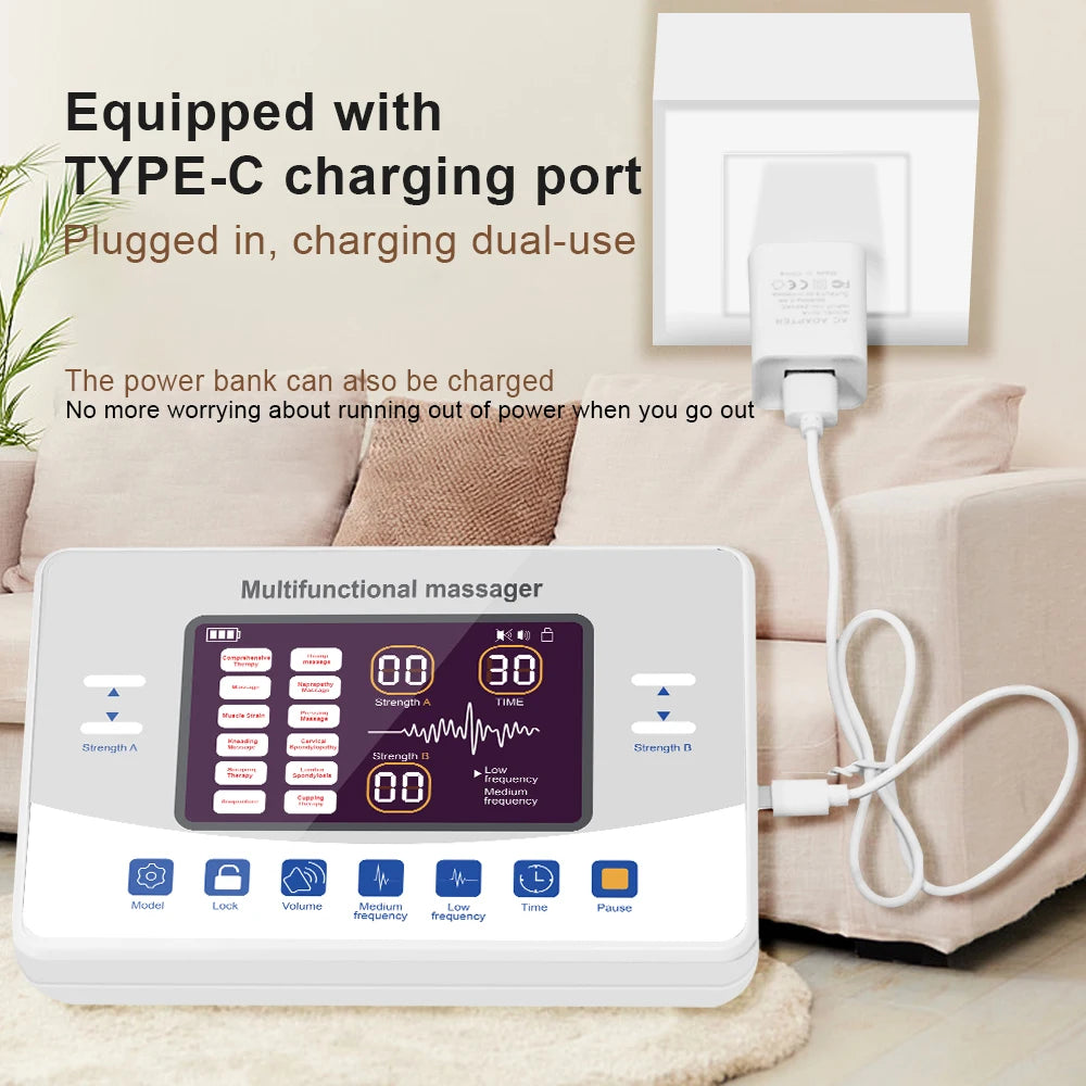 Dual Output TENS EMS Unit | 12 Modes, 30 Intensity Levels | USB-C Rechargeable, HD Display & Timer | Portable Pain & Muscle Relief