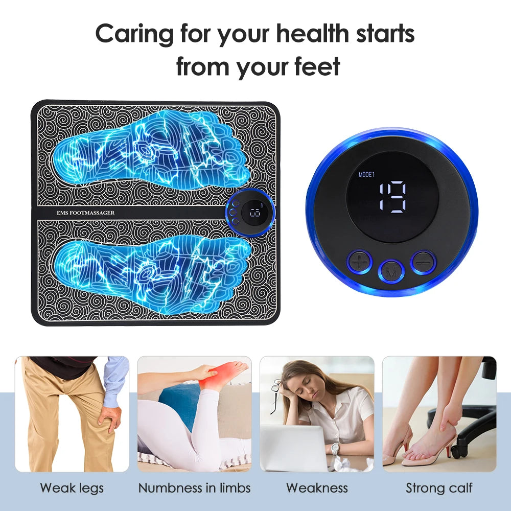 EMS Foot Massager Mat | USB Rechargeable | 8 Modes & 19 Intensities | Remote + Gel Pads for Arms/Back