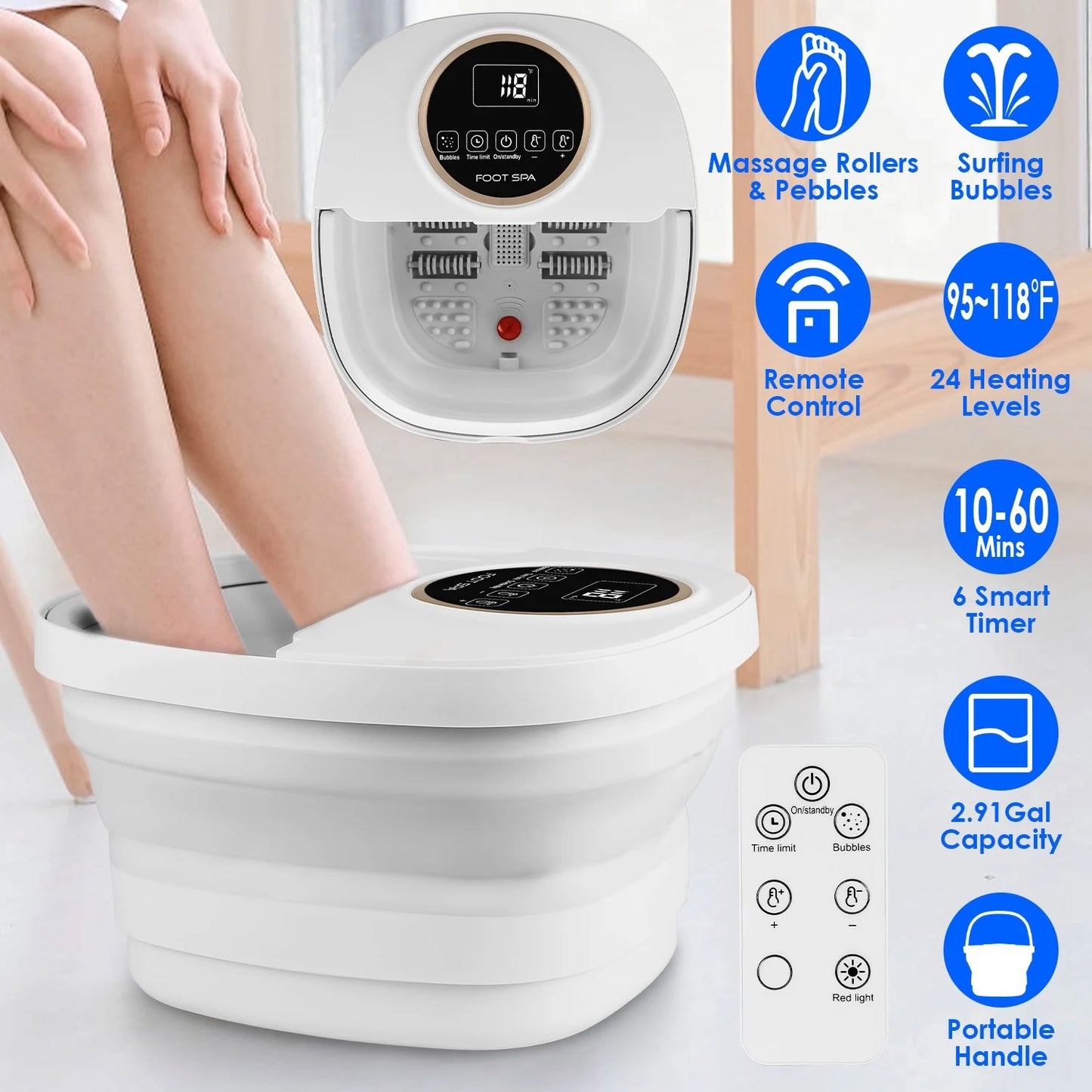 Electric Collapsible Foot Spa Bath Tub | Heating, Surfing Bubbles, 6 Rollers, Remote Control & 24-Level Temperature | Foldable & Portable Design