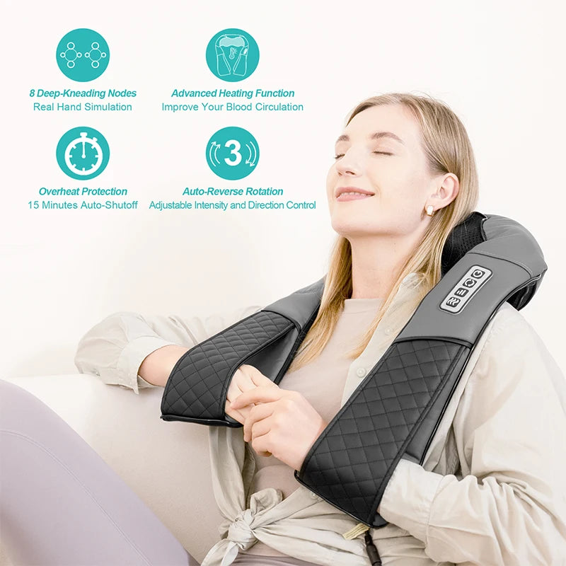 Shiatsu Neck & Shoulder Massager | 8 Nodes | Heat Function | Portable with Car Adapter