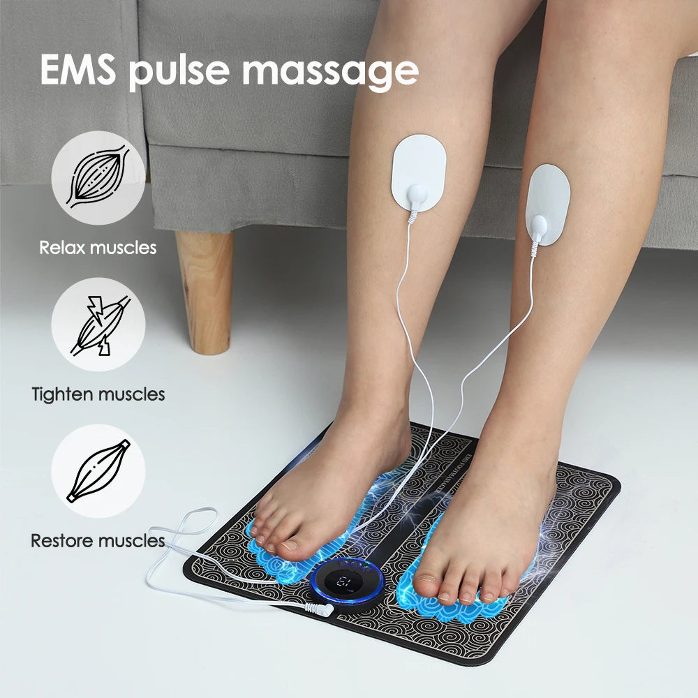 EMS Foot Massager Mat | USB Rechargeable | 8 Modes & 19 Intensities | Remote + Gel Pads for Arms/Back