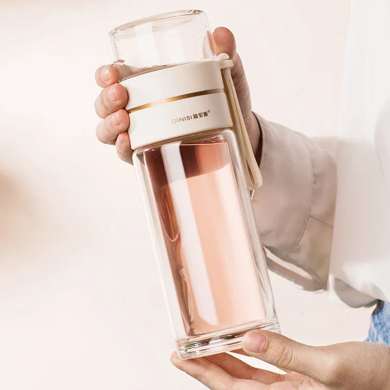 Glass Tea Infuser Bottle 13.5 oz | Double-Wall Borosilicate Glass with Stainless Steel Filter & Tea Separation | Portable Water Cup with Lid