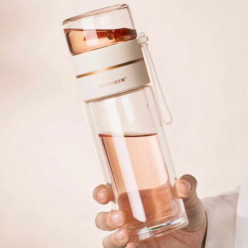 Glass Tea Infuser Bottle 13.5 oz | Double-Wall Borosilicate Glass with Stainless Steel Filter & Tea Separation | Portable Water Cup with Lid