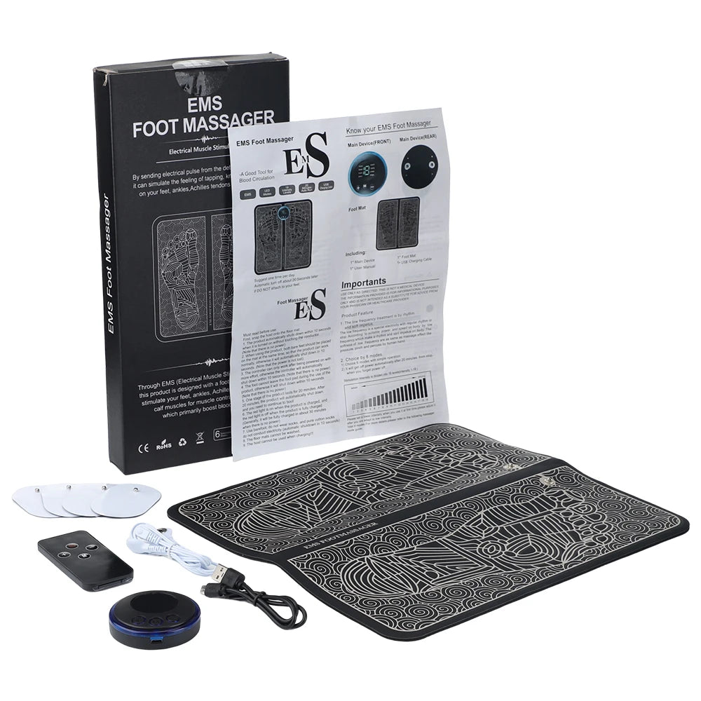 EMS Foot Massager Mat | USB Rechargeable | 8 Modes & 19 Intensities | Remote + Gel Pads for Arms/Back