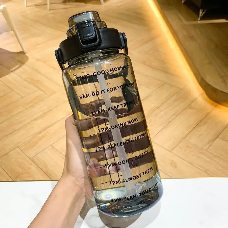 68 oz Motivational Water Bottle – 2 L Leak-Proof Sports Jug with Straw, Time Marker & Flip-Top Lid, BPA-Free Black
