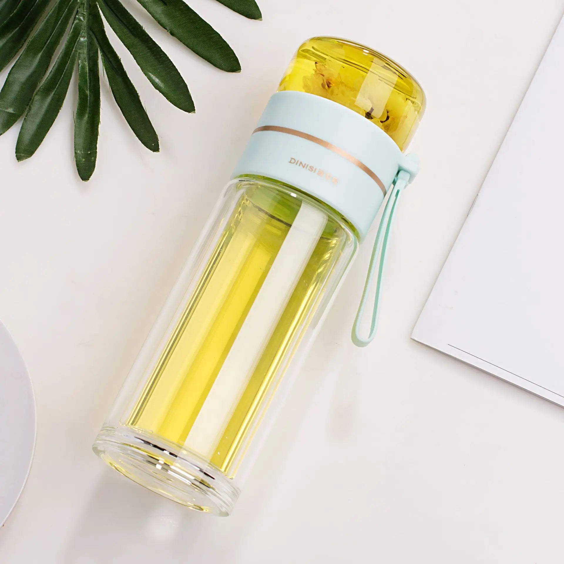 Glass Tea Infuser Bottle 13.5 oz | Double-Wall Borosilicate Glass with Stainless Steel Filter & Tea Separation | Portable Water Cup with Lid Green
