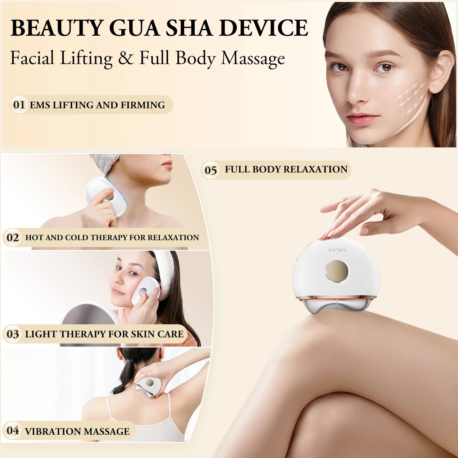 Electric Gua Sha Massager with 3-Colour LED, EMS Microcurrent & Hot/Cold Therapy – Portable Face-Lifting Tool