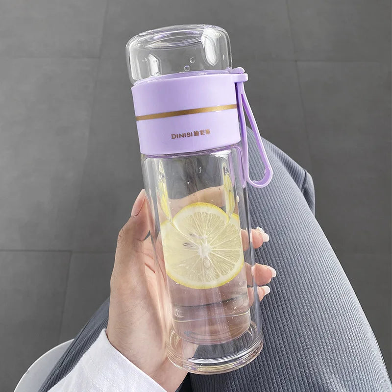 Glass Tea Infuser Bottle 13.5 oz | Double-Wall Borosilicate Glass with Stainless Steel Filter & Tea Separation | Portable Water Cup with Lid Purple