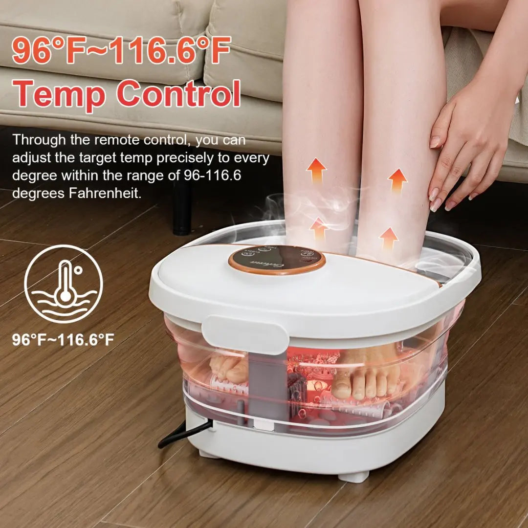 Foldable Foot-Spa Bath Massager – 96-116 °F Heat, Bubble & Spray Jets, 6 Manual Rollers, Red-Light Therapy, 10–60 min Timer