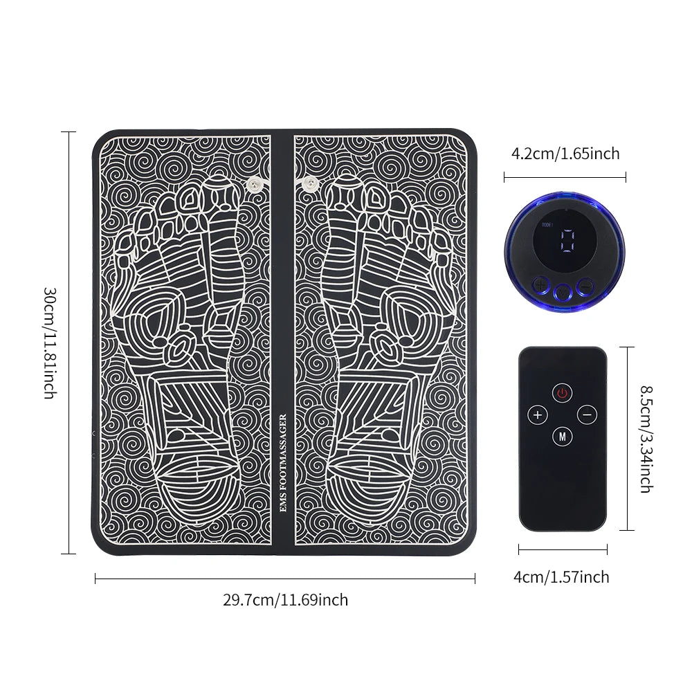 EMS Foot Massager Mat | USB Rechargeable | 8 Modes & 19 Intensities | Remote + Gel Pads for Arms/Back
