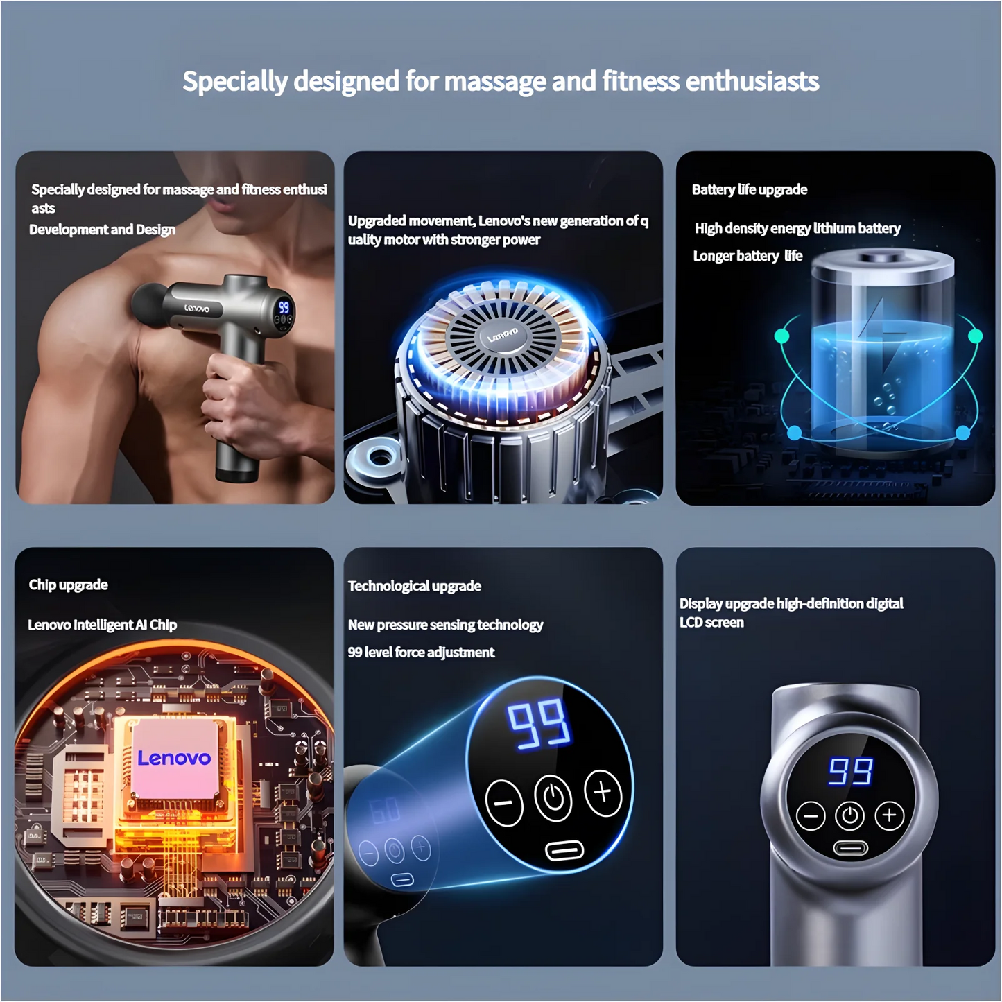 Lenovo Fascia Gun Deeply Relieves Muscle Soreness Fitness and Relaxation Equipment LED Touch Screen 8Massage Head Gifts