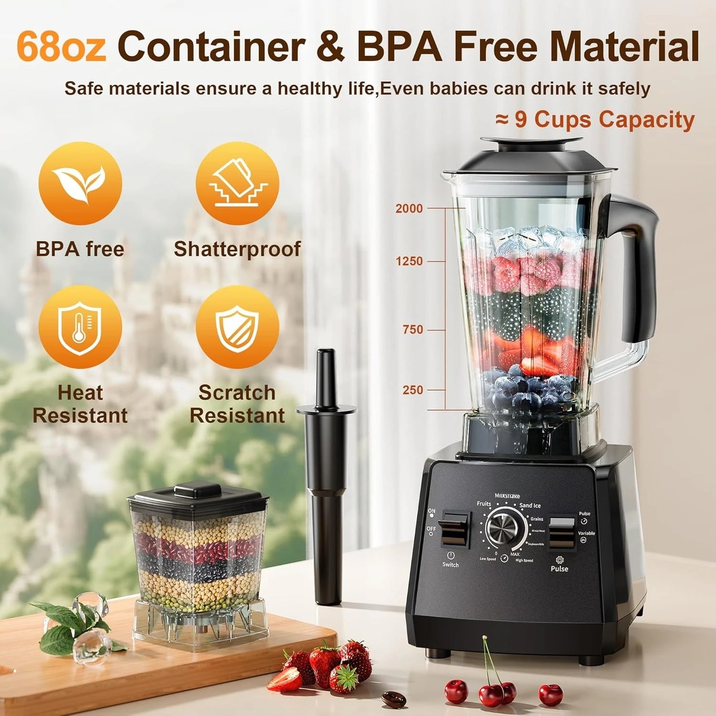 Professional Blender & Grinder Combo | 2400W Peak Power, 68oz BPA-Free Pitcher, 25000 RPM Ice Crusher | Smoothies, Shakes & More