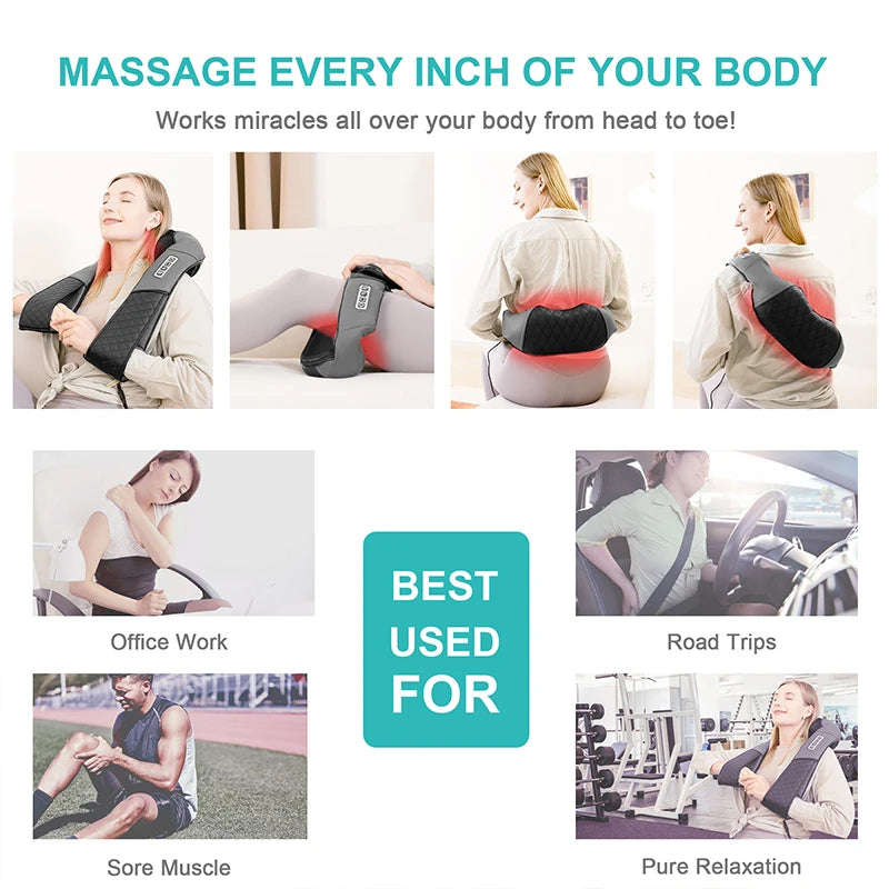 Shiatsu Neck & Shoulder Massager | 8 Nodes | Heat Function | Portable with Car Adapter