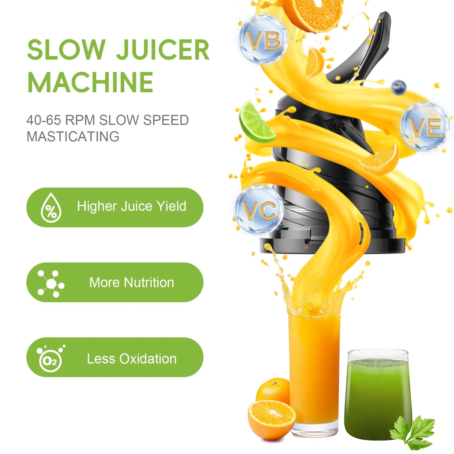 Cold Press Juicer | 5.1" Wide Chute Slow Masticating, BPA-Free Quiet Motor & Easy Clean, fits Whole Fruits & Veggies