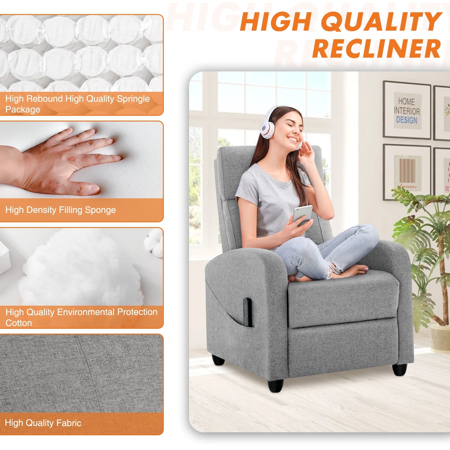 Recliner Massage Chair | Adjustable Fabric Sofa | Lumbar Support & Full Backrest | Modern Grey and Black