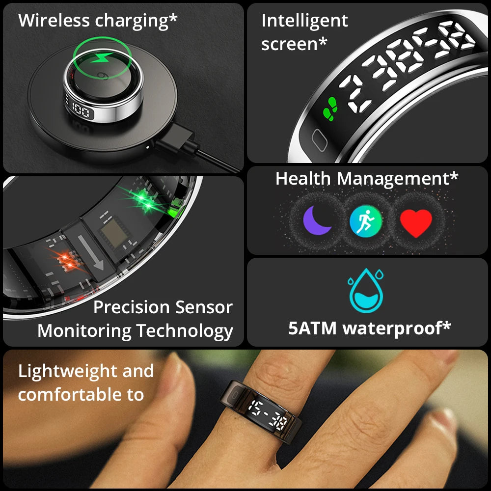 Smart Ring for Health Tracking | OLED Display | Heart Rate, SpO₂, Sleep & Stress Monitor | 5ATM Waterproof, Wireless Charging