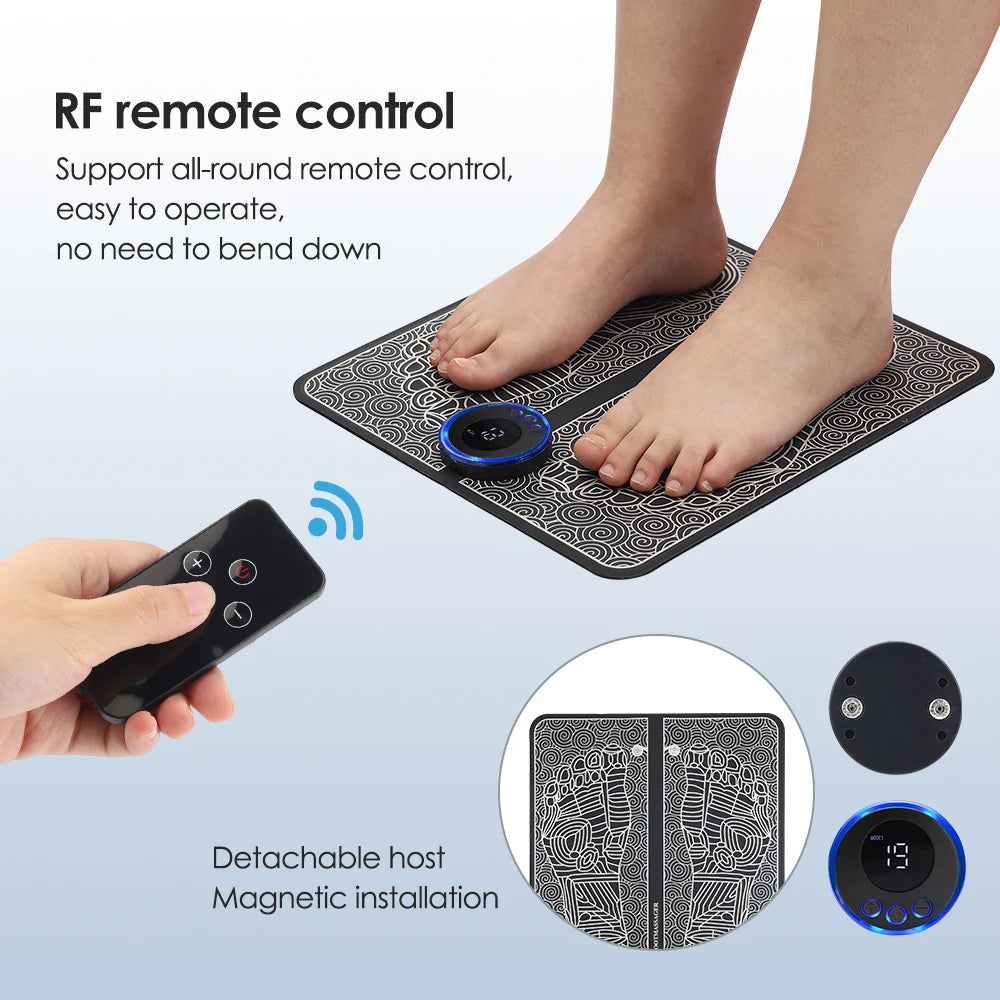 EMS Foot Massager Mat | USB Rechargeable | 8 Modes & 19 Intensities | Remote + Gel Pads for Arms/Back