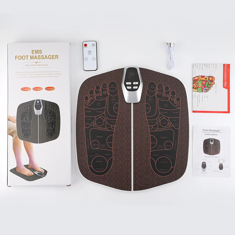 EMS Foot Massager Pad | 8 Modes & 32 Intensities | USB Rechargeable | Remote Control + Auto Shut-Off