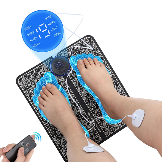 EMS Foot Massager Mat | USB Rechargeable | 8 Modes & 19 Intensities | Remote + Gel Pads for Arms/Back